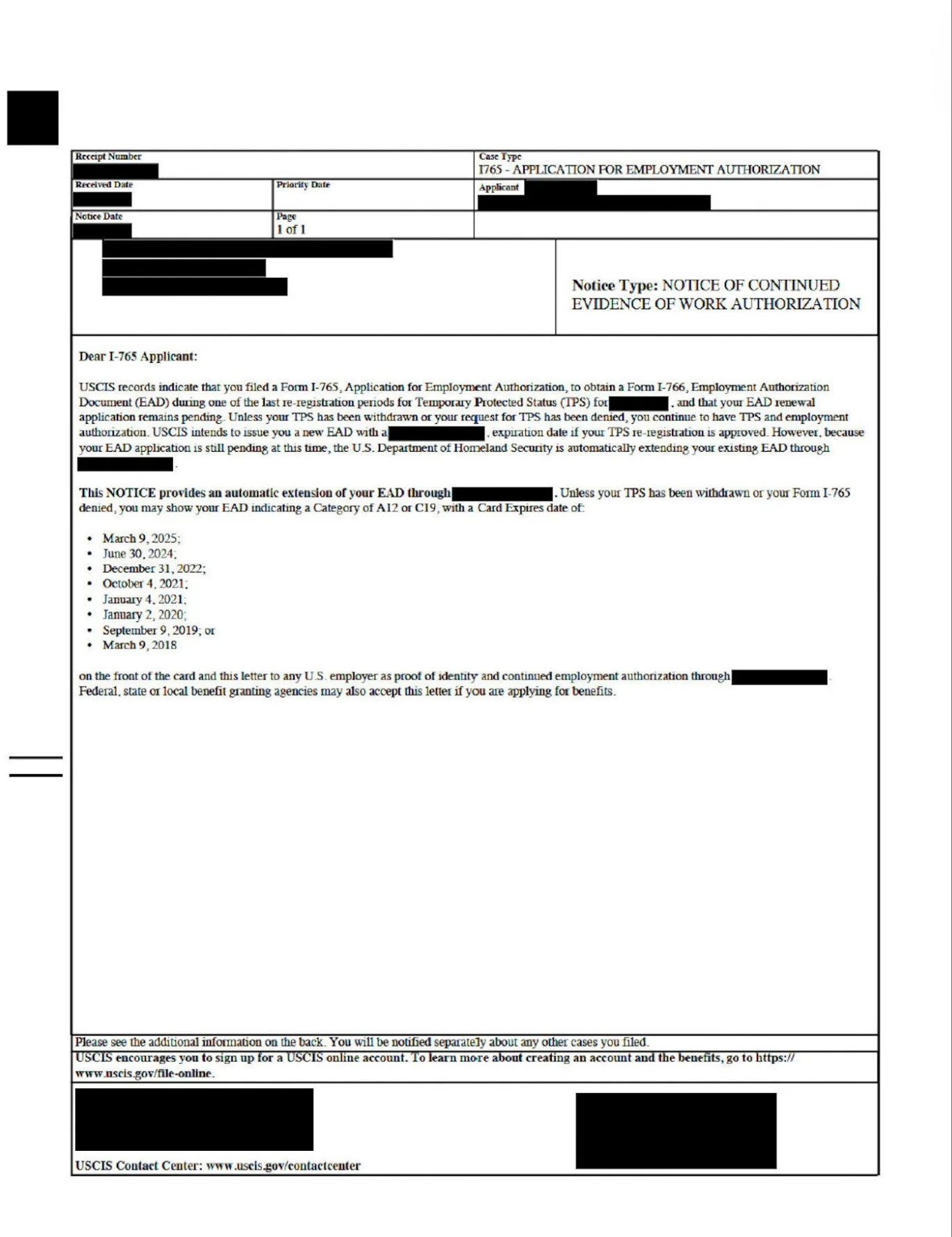 Sample image of an automatic extension notice for a work permit based on Temporary Protected Status (TPS).