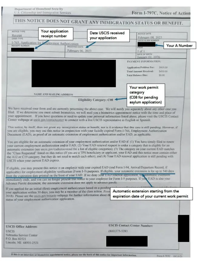 Sample Work Permit Receipt Notice (By Mail)
