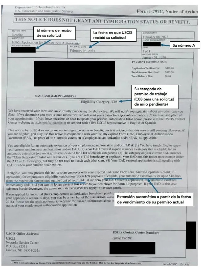 Aviso de Recibo de Permiso de Trabajo (Por Correo)