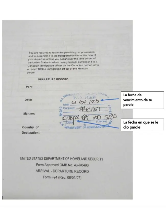 Documento 2 de Parole: I-94 en Papel