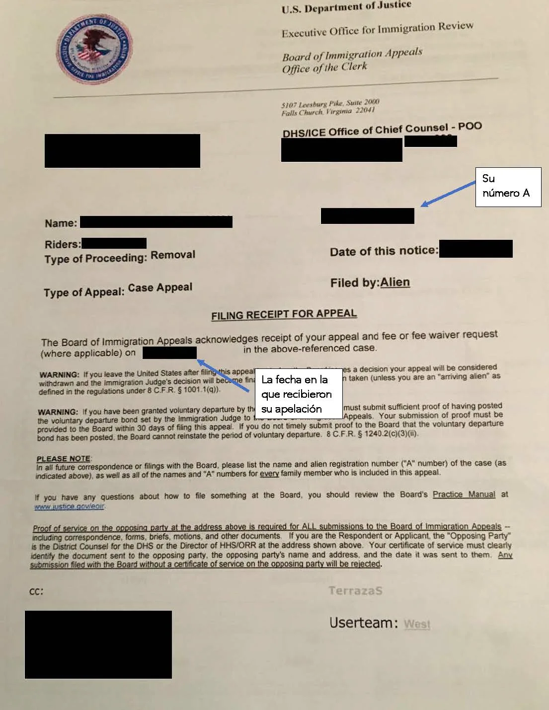Aviso de Recibo de la Junta de Apelaciones de Inmigración (BIA)