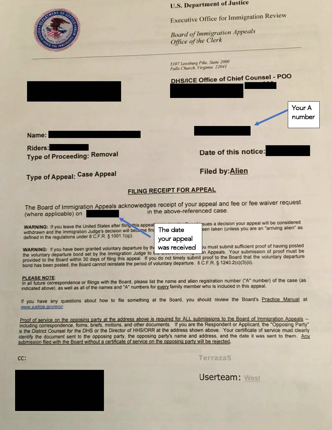 BIA Receipt Notice
