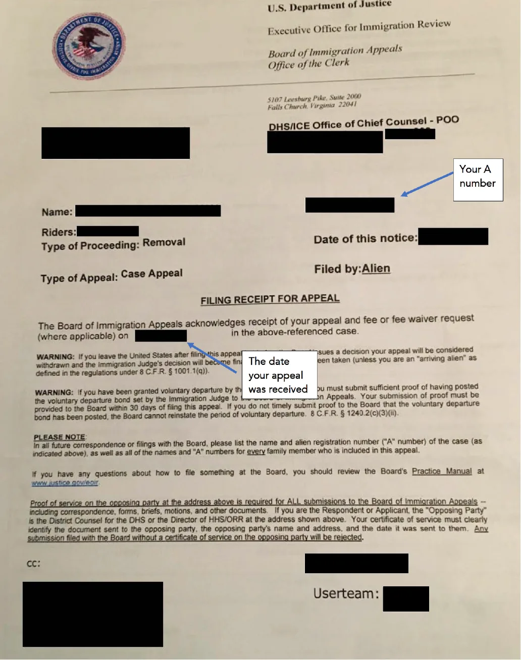 An example receipt notice from the Board of Immigration Appeals showing that your appeal has been received.