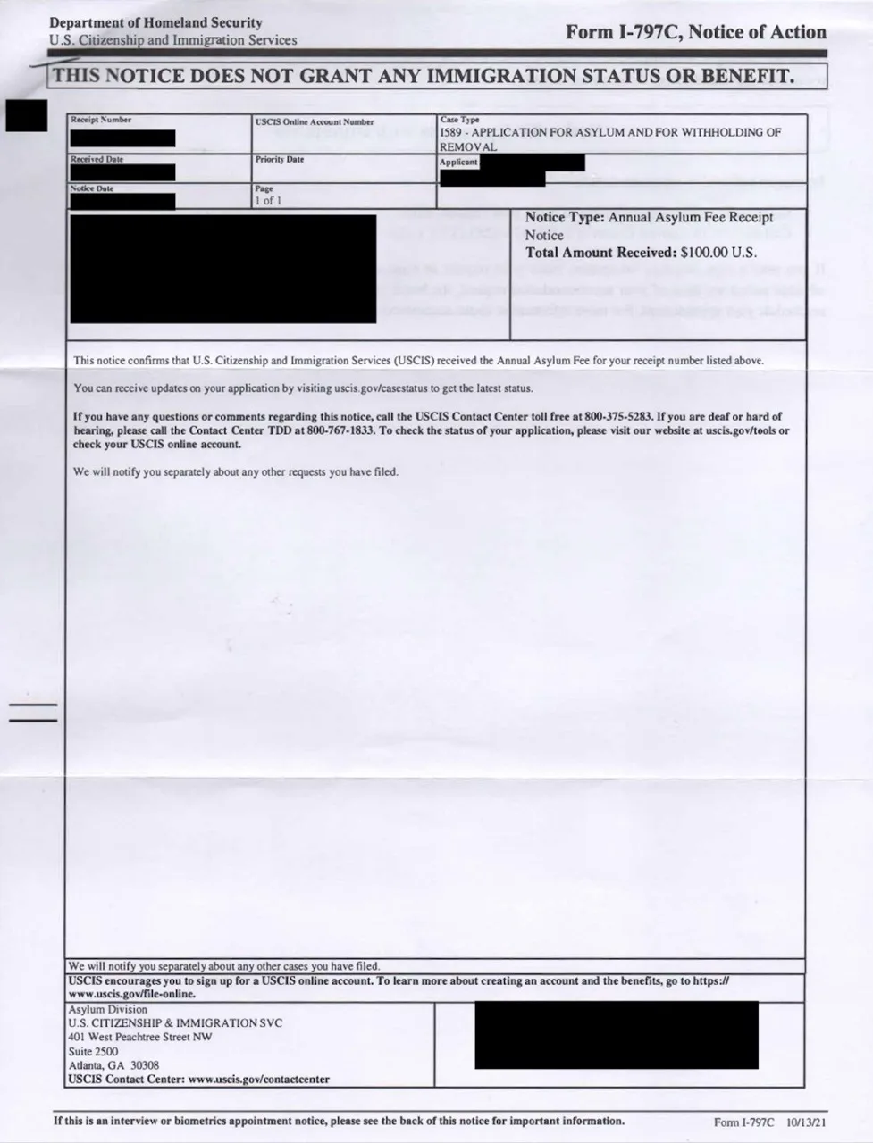 USCIS receipt notice for payment of annual asylum fee.