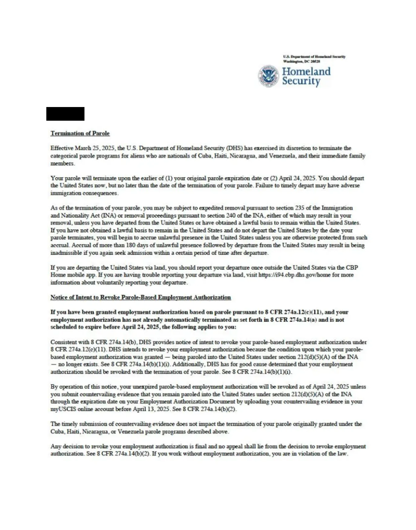 Notice About CHNV Parole Termination