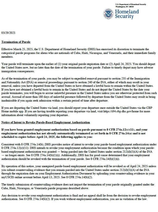 Notice About CHNV Parole Termination