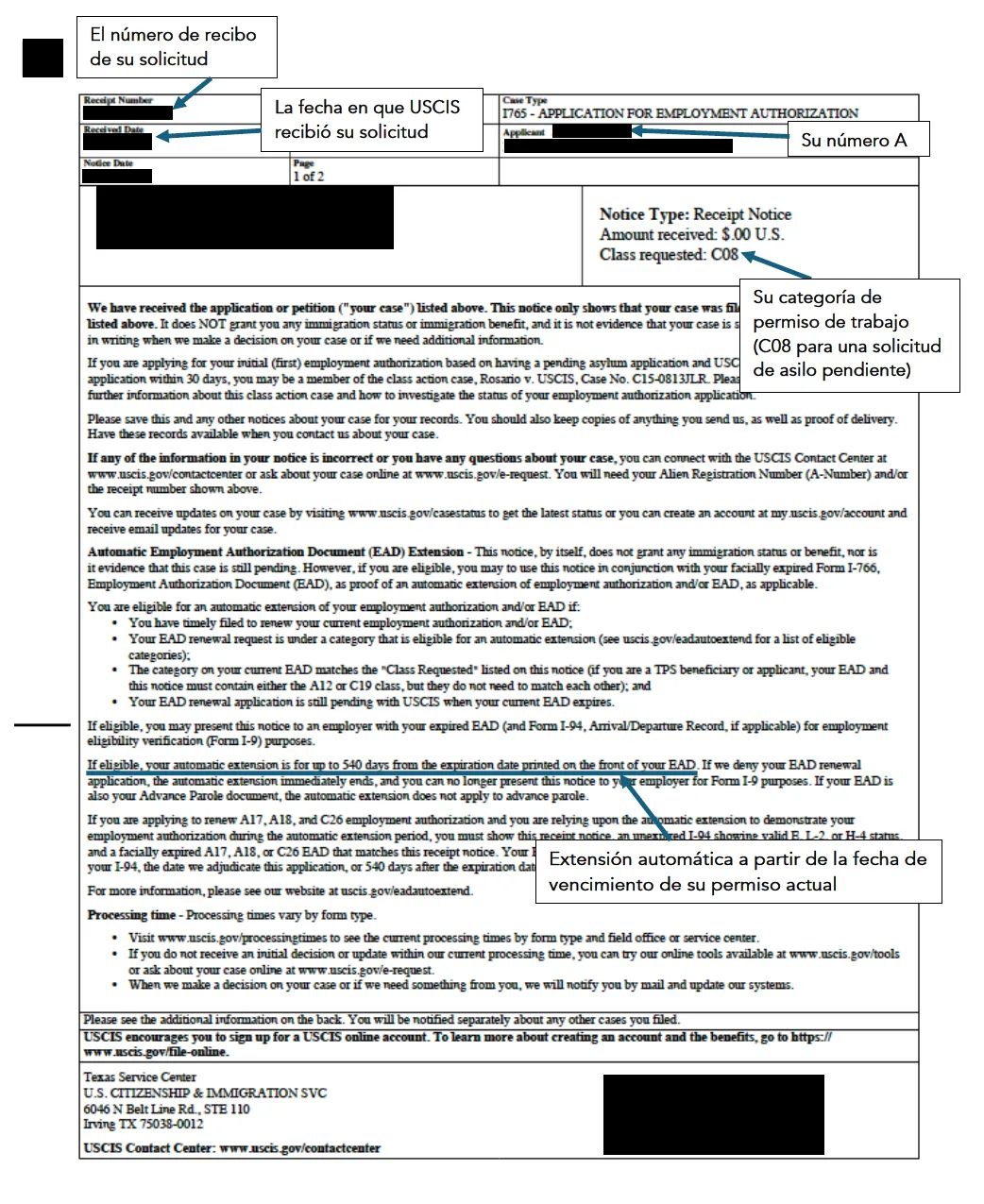 Ejemplo del Aviso de Recibo de Permiso de Trabajo (En Línea)