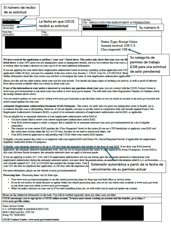 Ejemplo del Aviso de Recibo de Permiso de Trabajo (En Línea)