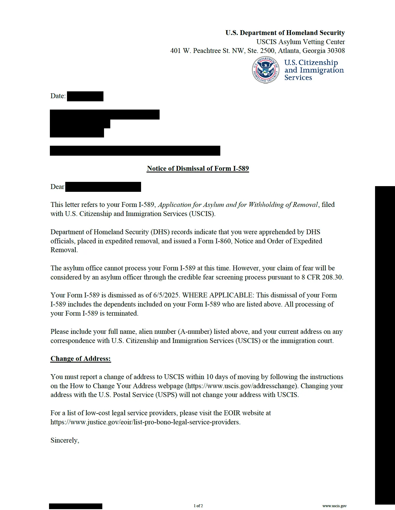 Carta desestimando caso de asilo de USCIS