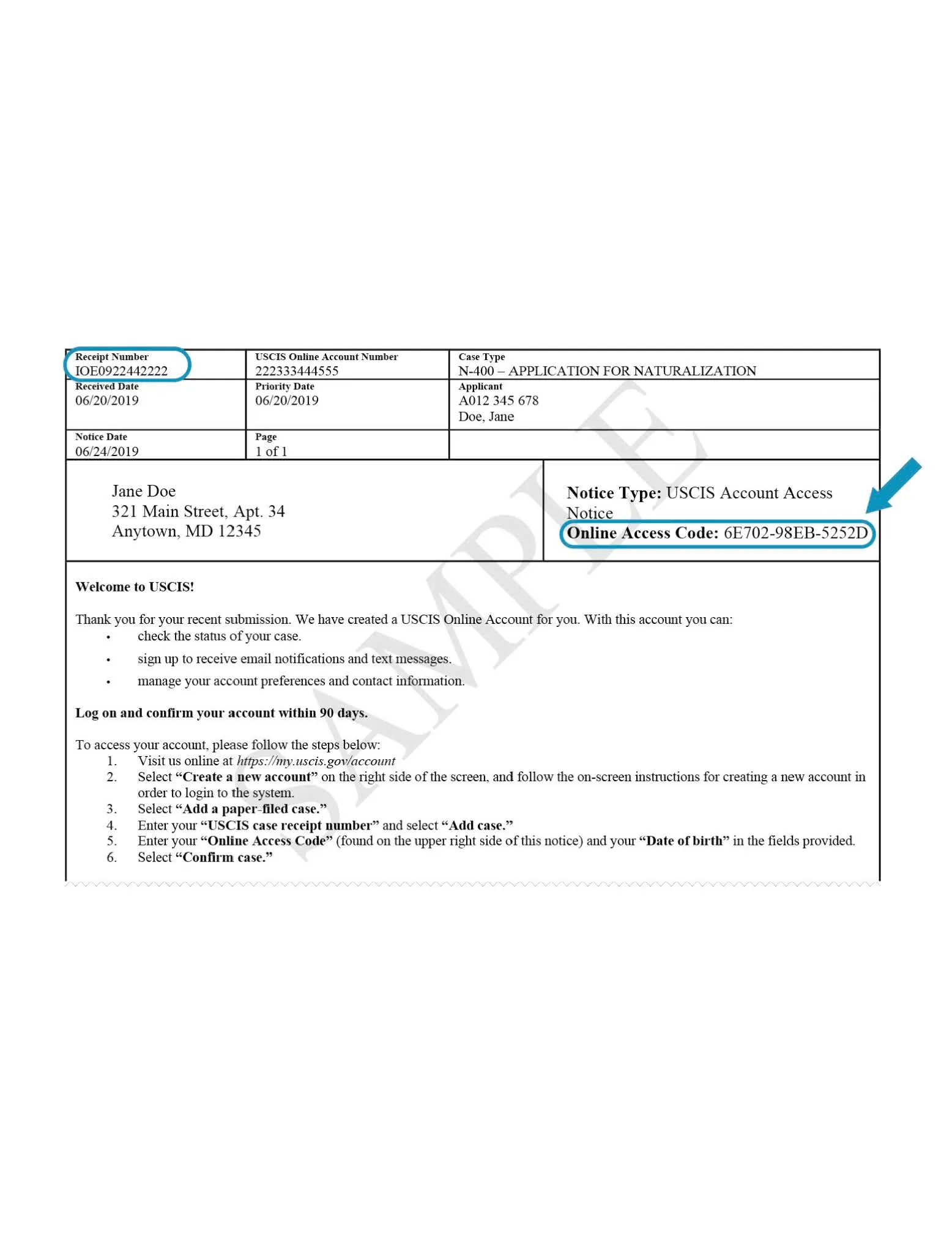 Sample USCIS Online Account Notice