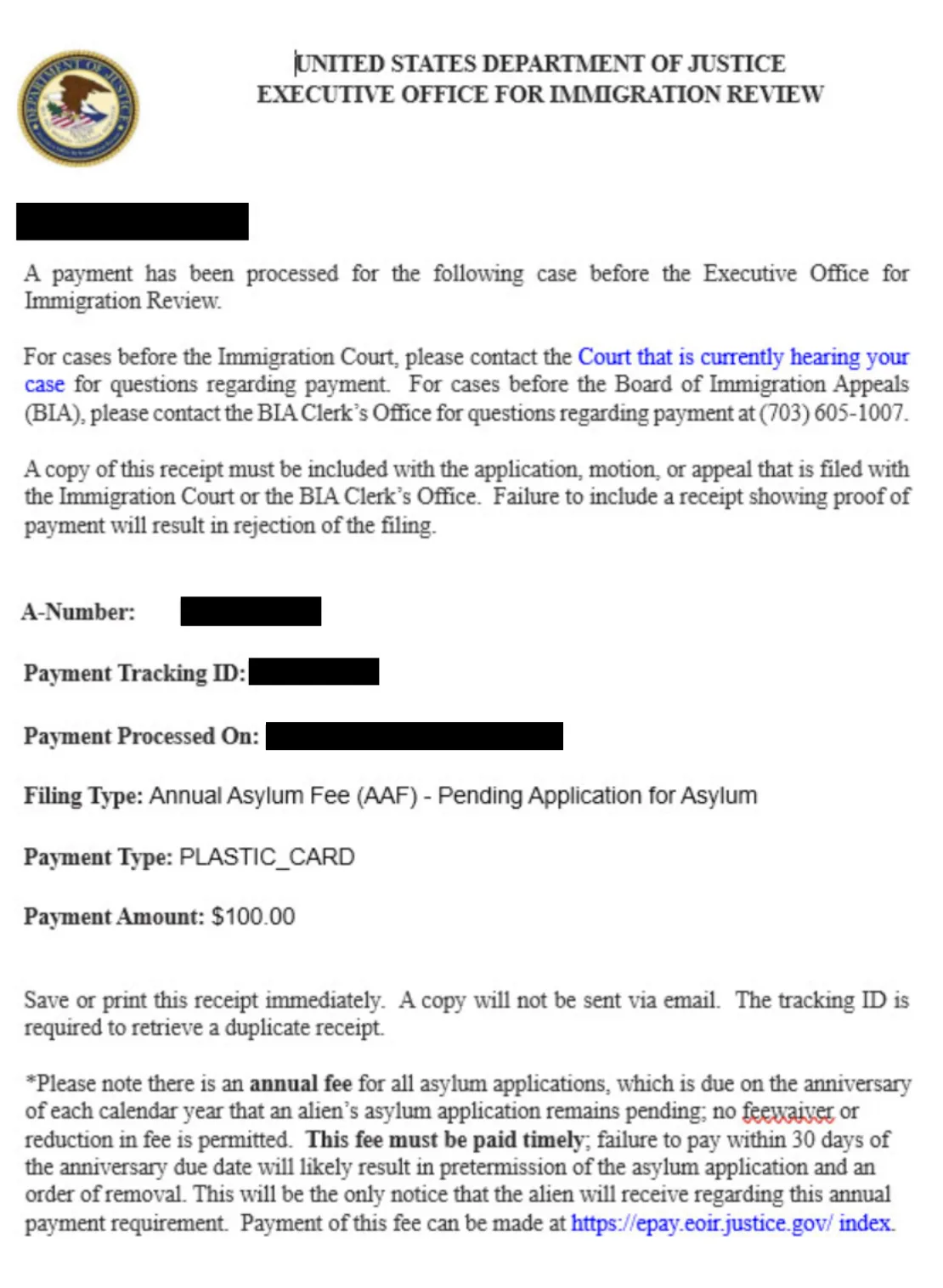 Immigration court receipt notice for payment of annual asylum fee.