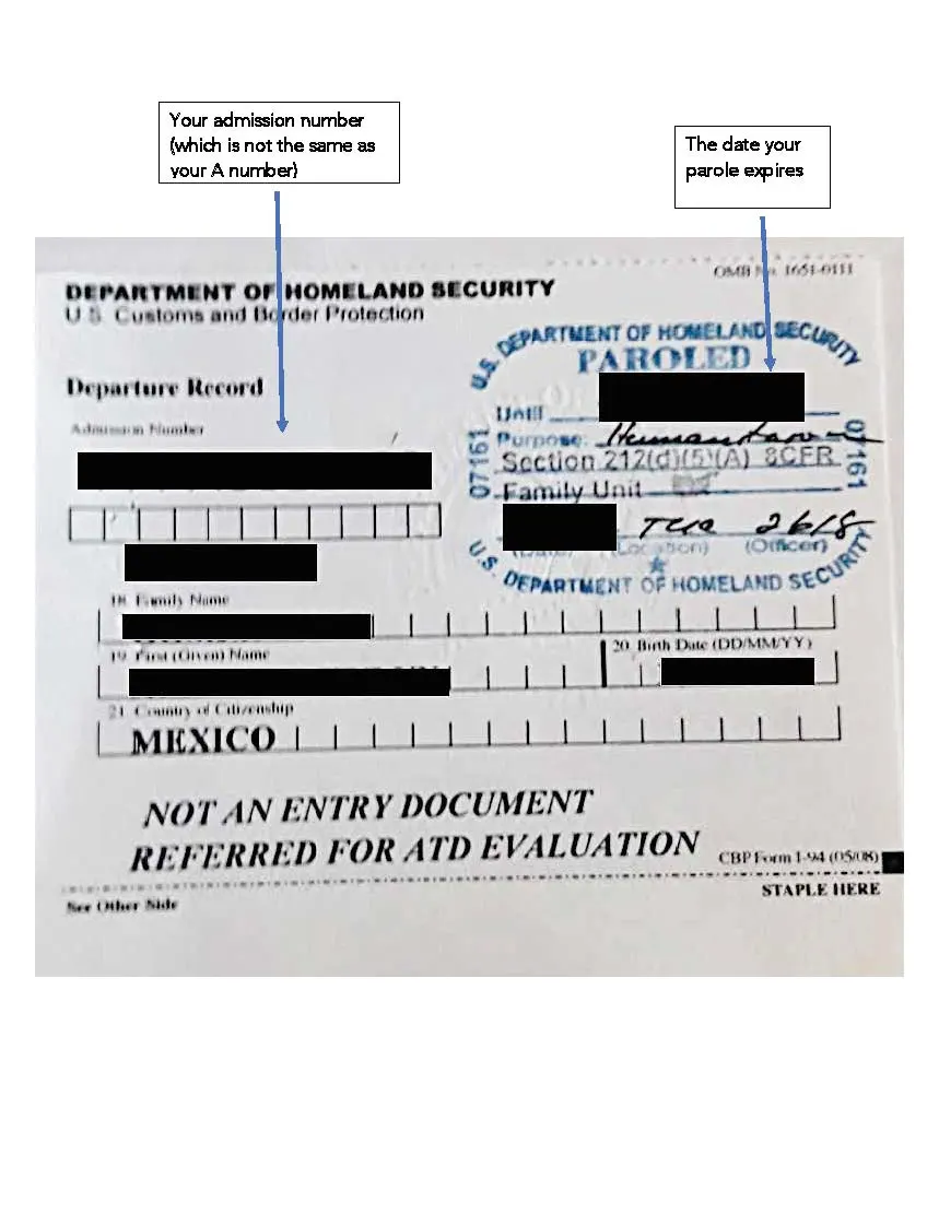 Parole Document 1: Card I-94
