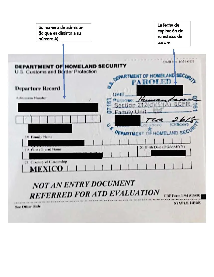 Documento 1 de Parole: I-94 en Tarjeta
