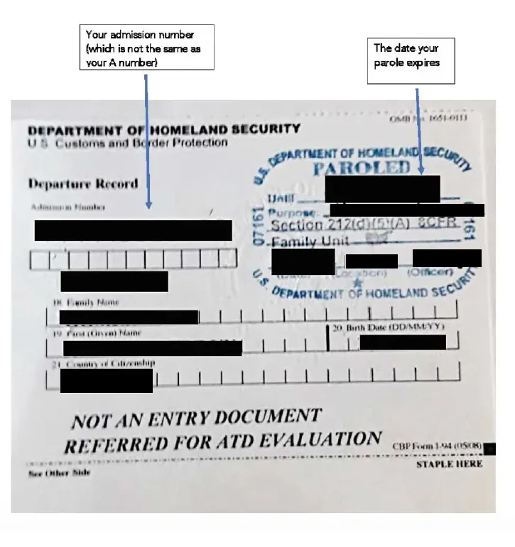 Parole Document 1: Card I-94