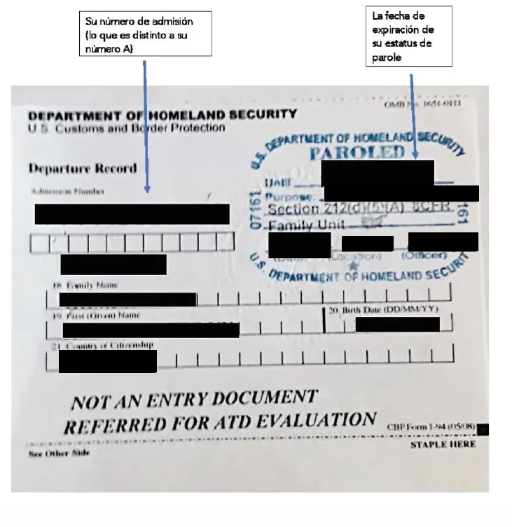 Documento 1 de Parole: I-94 en Tarjeta