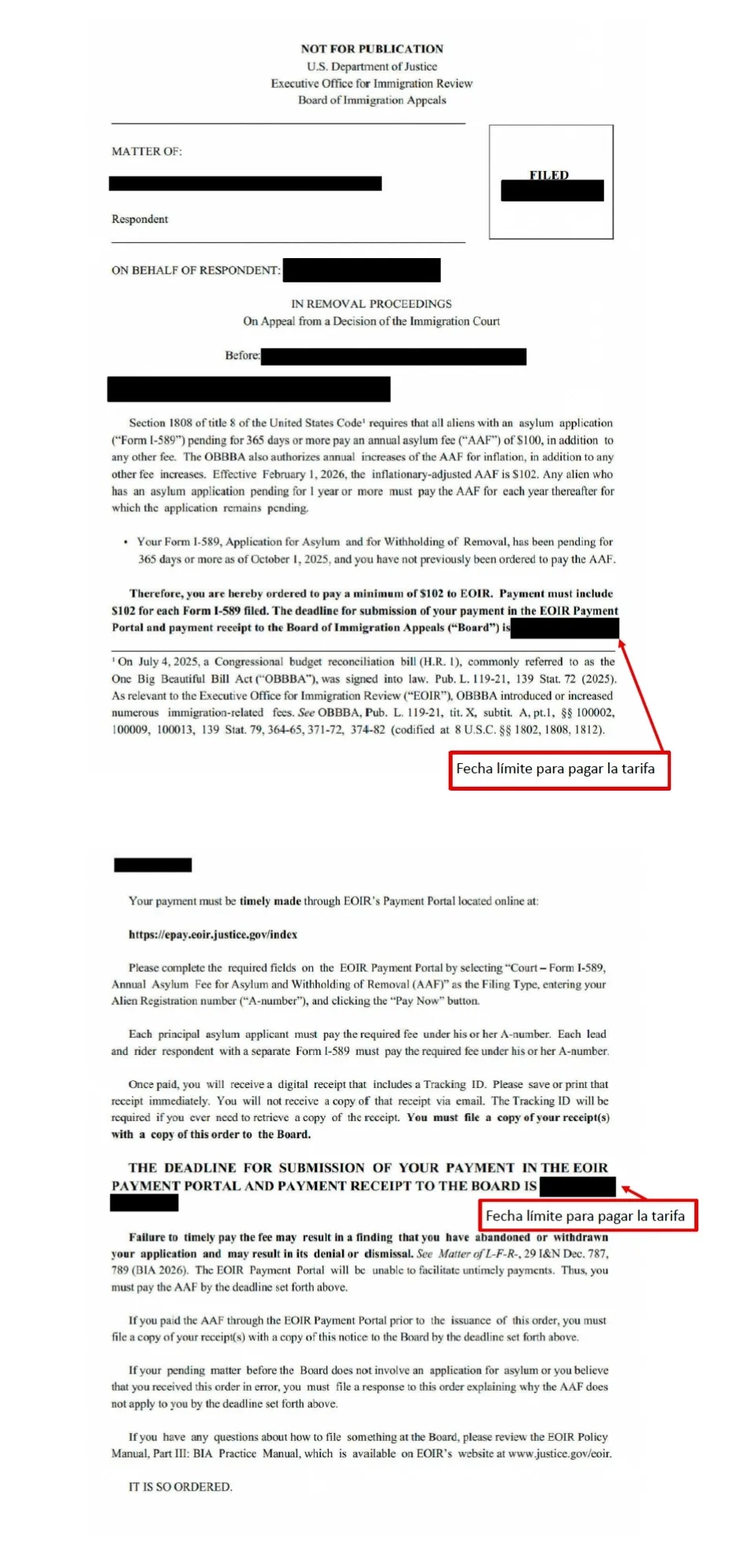 Order from the BIA to pay the annual asylum fee, with a deadline to pay the fee and send proof of payment.