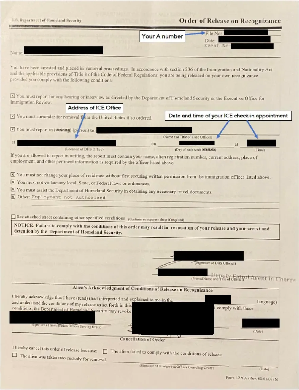 Sample Form I-220A Order of Release on Recognizance