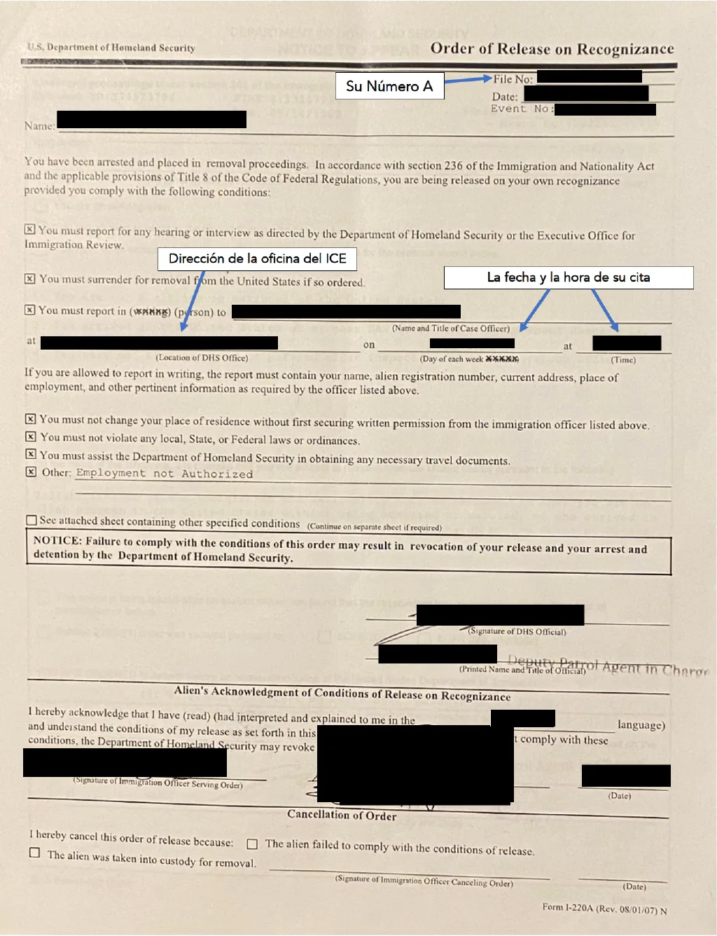 Sample Form I-220A Order of Release on Recognizance