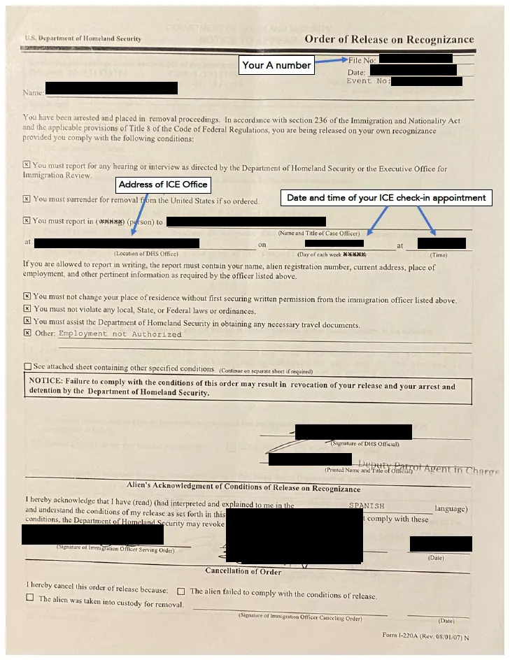 Sample Form I-220A Order of Release on Recognizance
