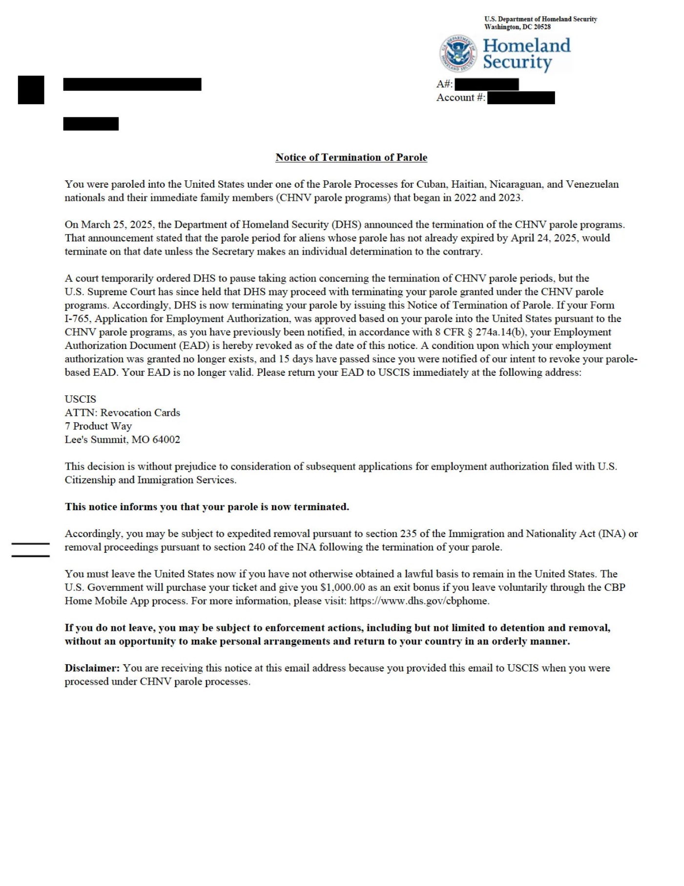 This is a redacted notice from the Department of Homeland Security notifying the recipient that their parole under the Parole Processes for Cuban, Haitian< Nicaraguan, and Venezuelan nationals (CHNV parole) has been terminated.