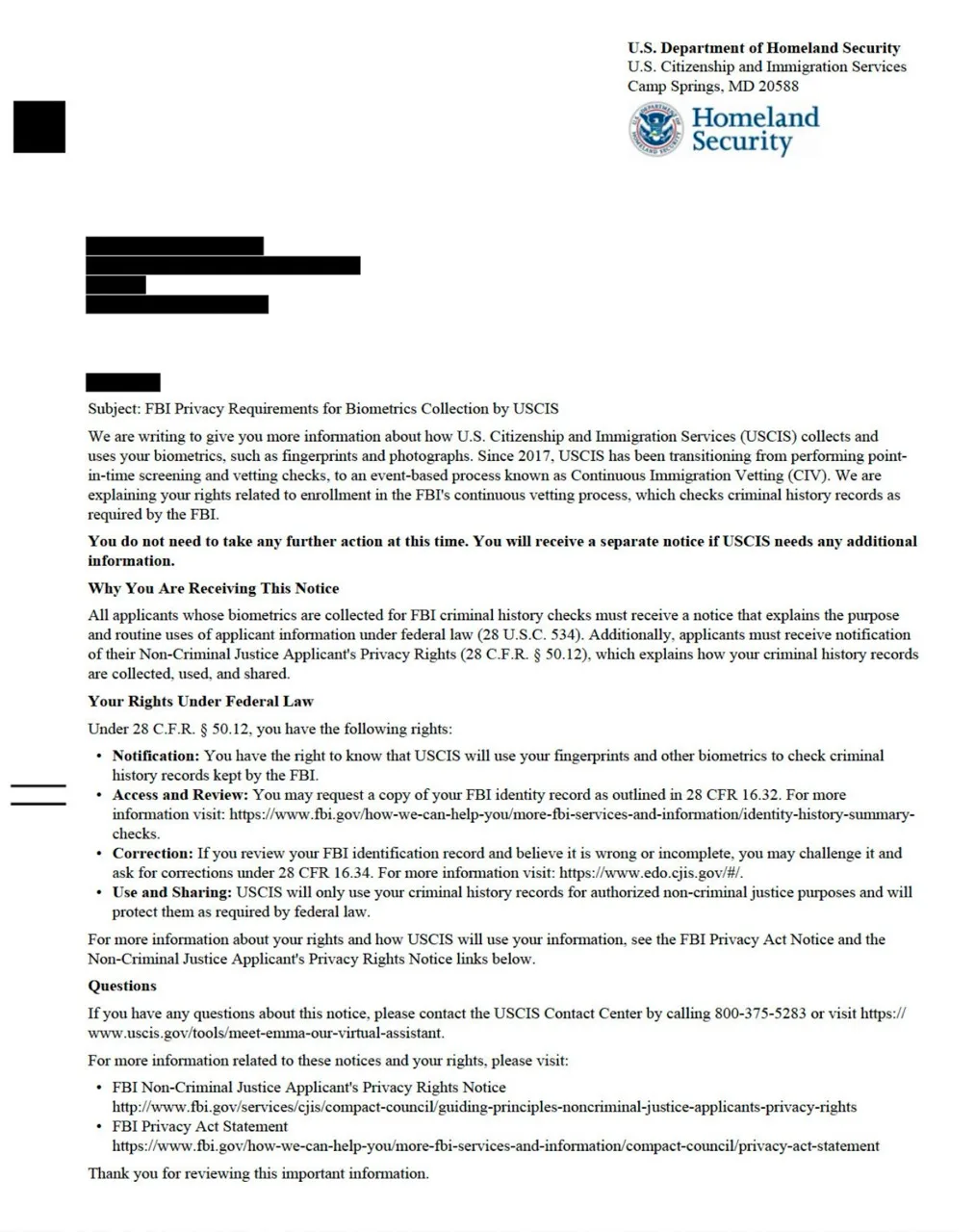 USCIS notice explaining that it works with the FBI to check for changes in people’s criminal records.