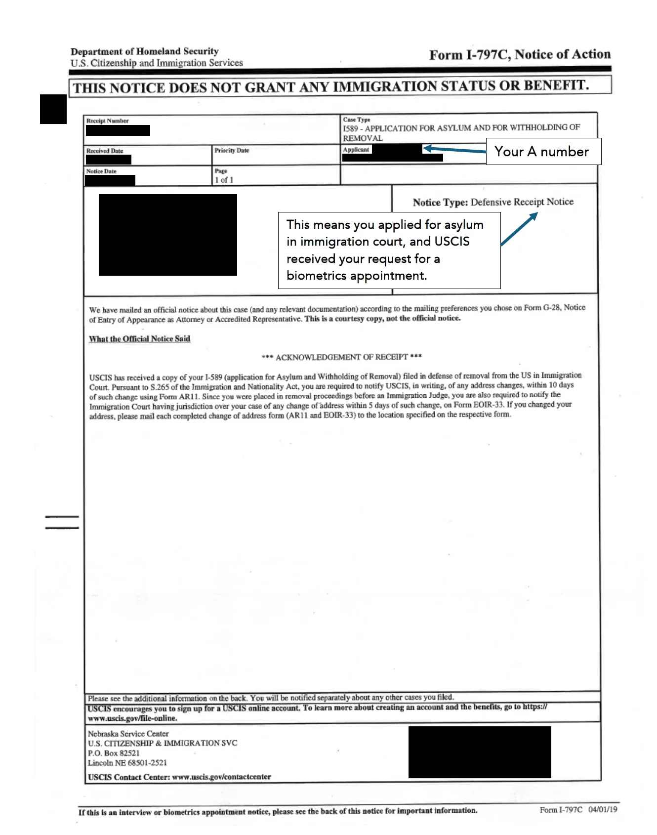 USCIS Defensive Asylum Receipt Notice