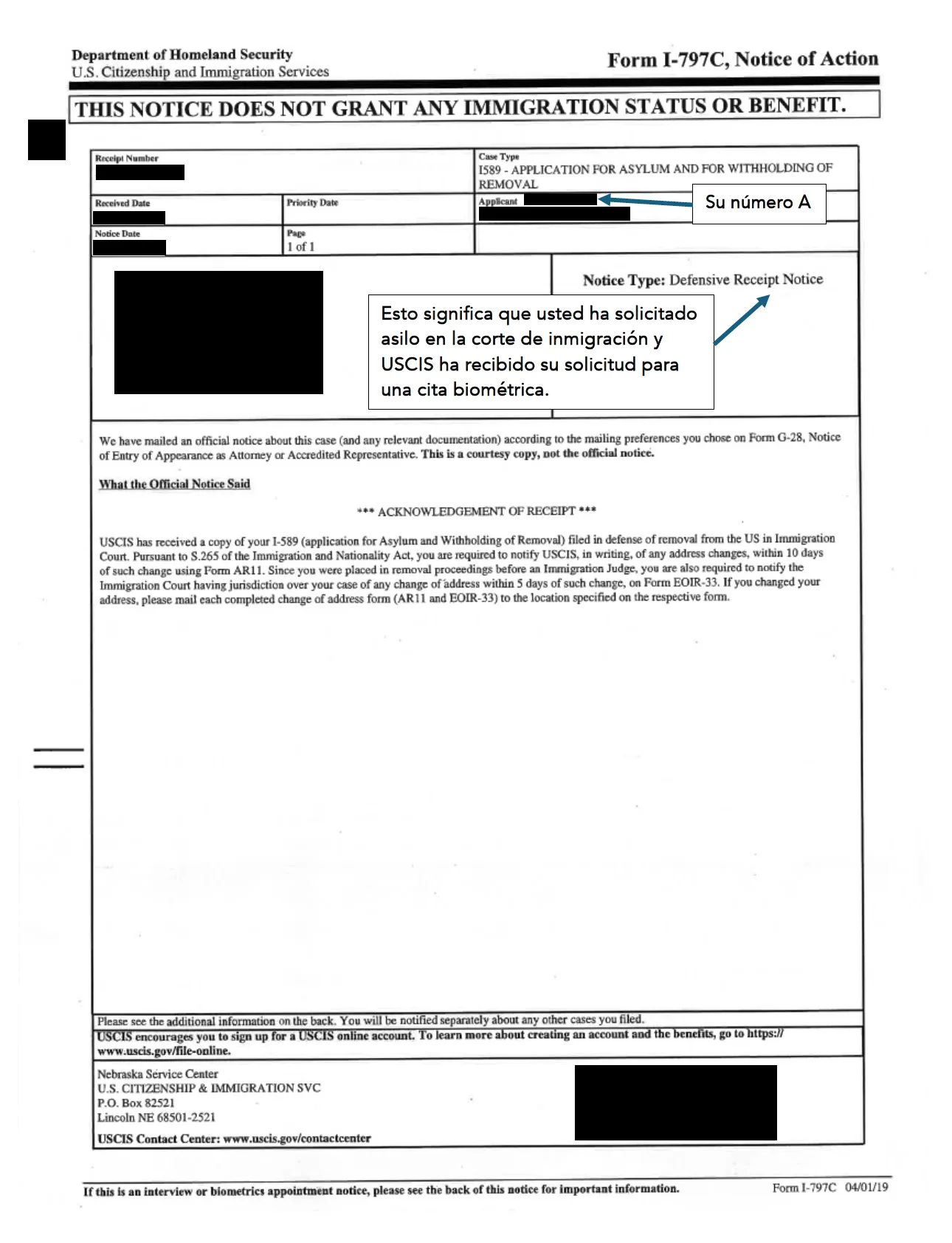 Aviso de Recibo de la Solicitud de Asilo Defensiva de USCIS