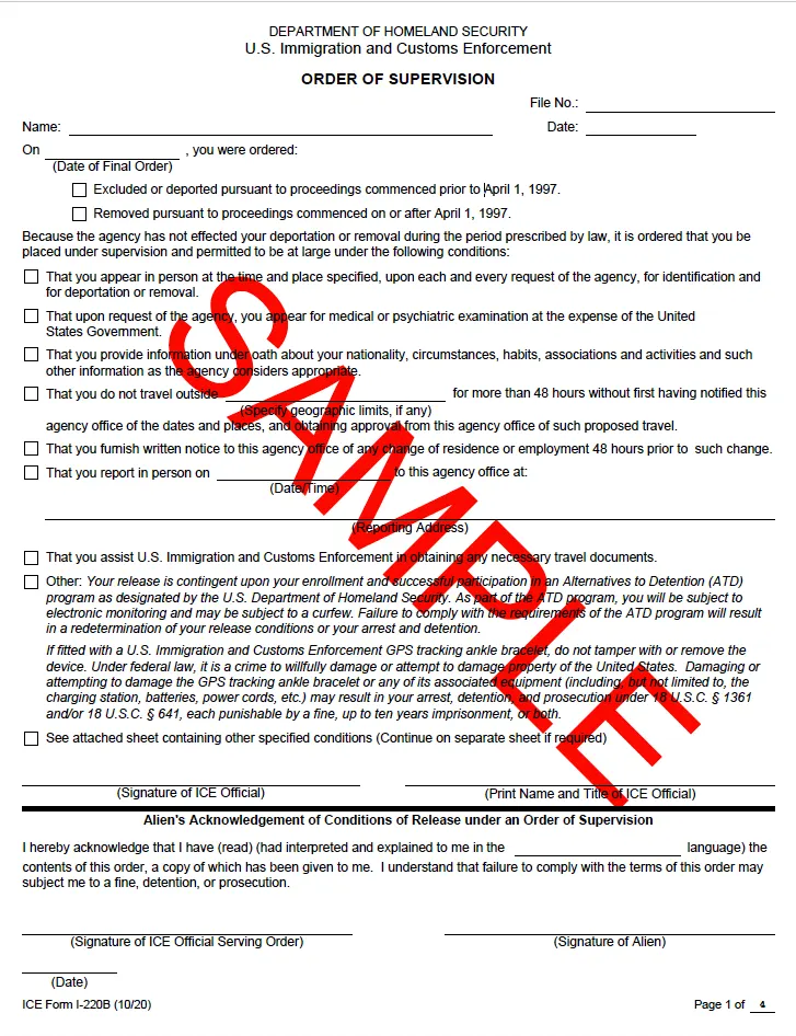 Documento de orden de supervisión emitida por el Servicio de Control de Inmigración y Aduanas de los Estados Unidos que detalla las condiciones de libertación.