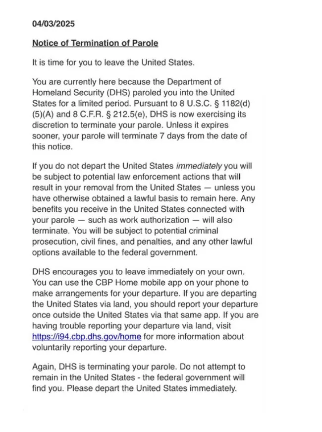Sample Notice Ending CBP One Parole
