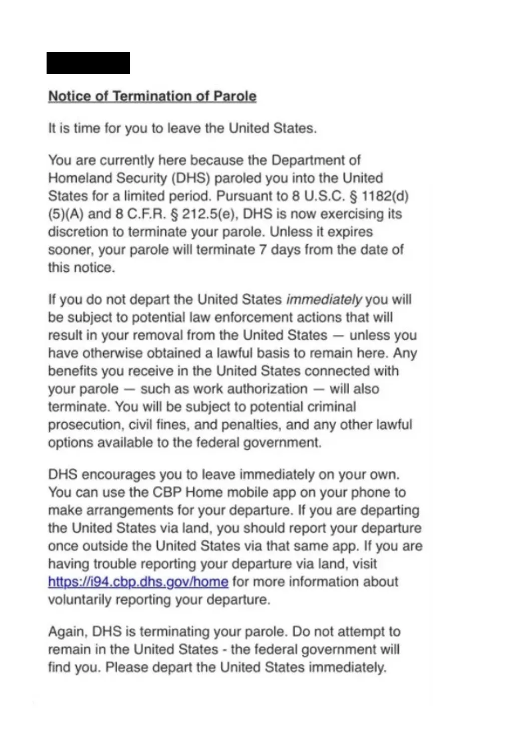 Sample Notice Ending CBP One Parole