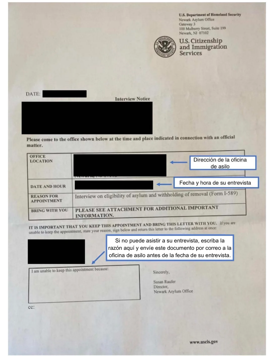 Aviso de Entrevista de Asilo