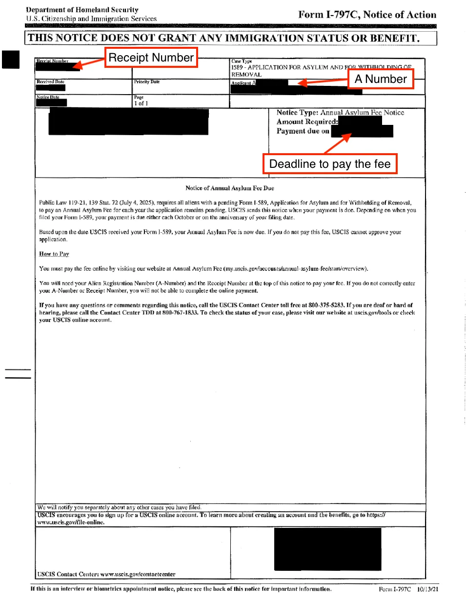 USCIS annual asylum fee notice with A number and receipt number. It says to pay an annual asylum fee within 30 days.