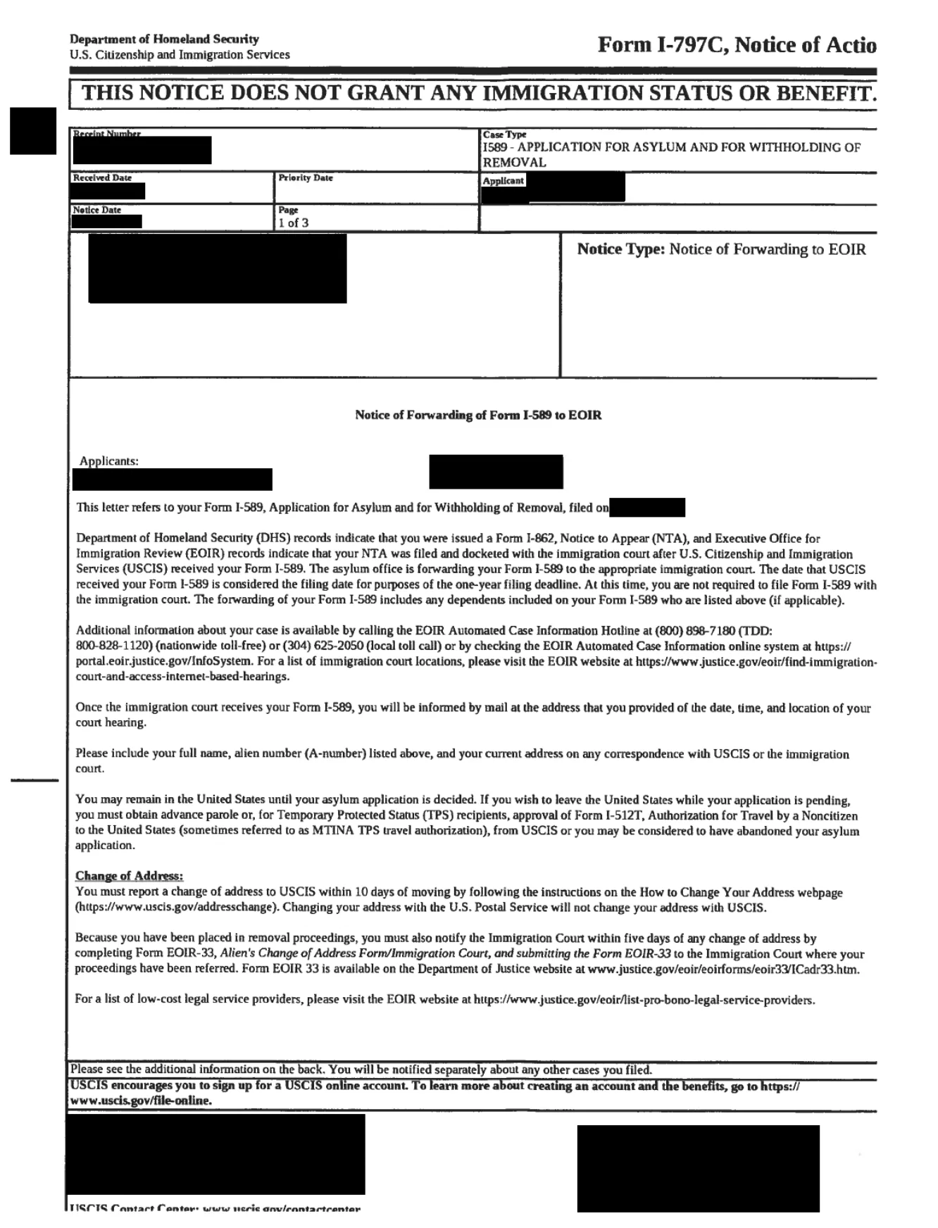 Ejemplo de aviso de traslado de USCIS, que transfiere el caso de un solicitante de asilo de USCIS a la corte de inmigración.