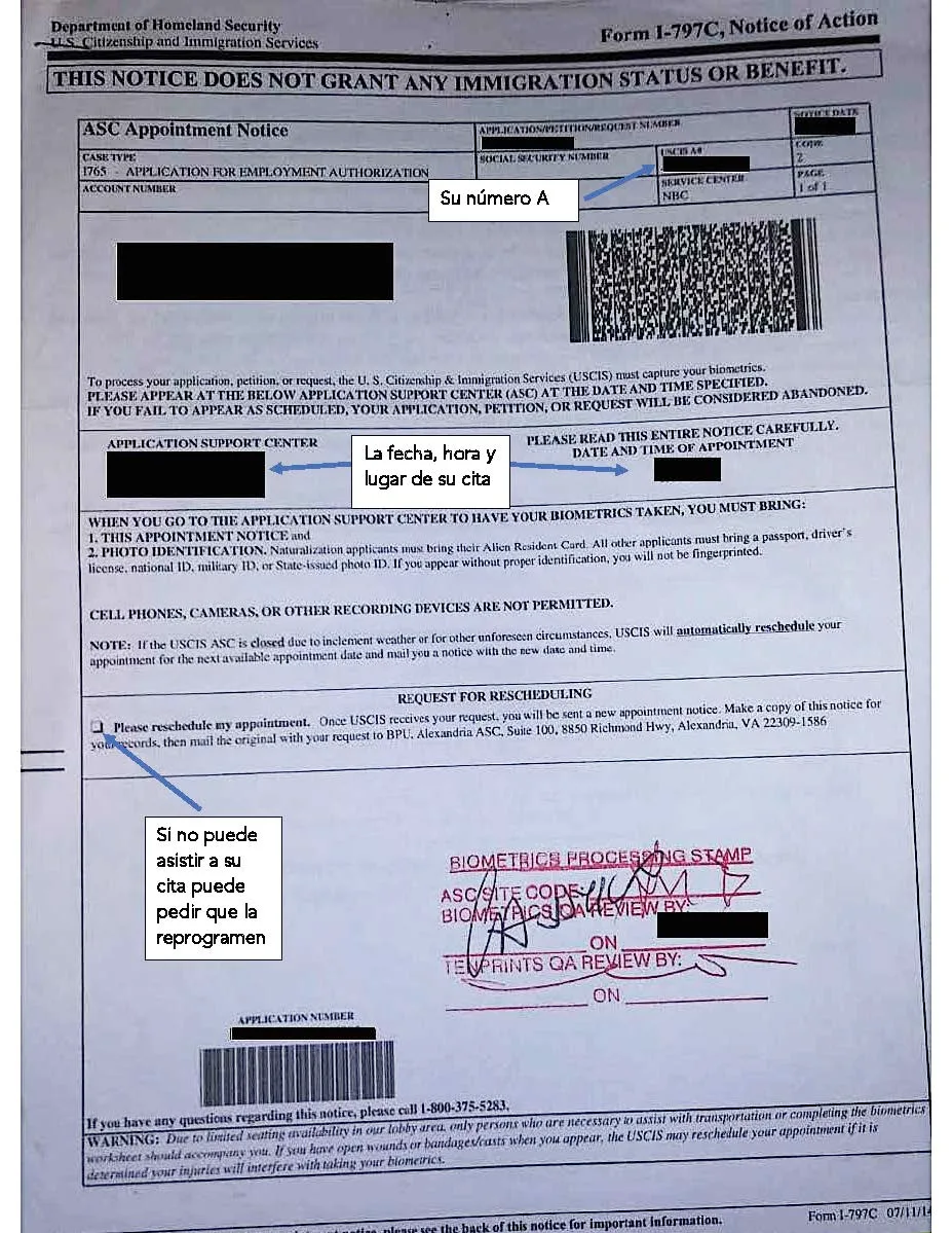 Sample EAD Biometrics Appointment