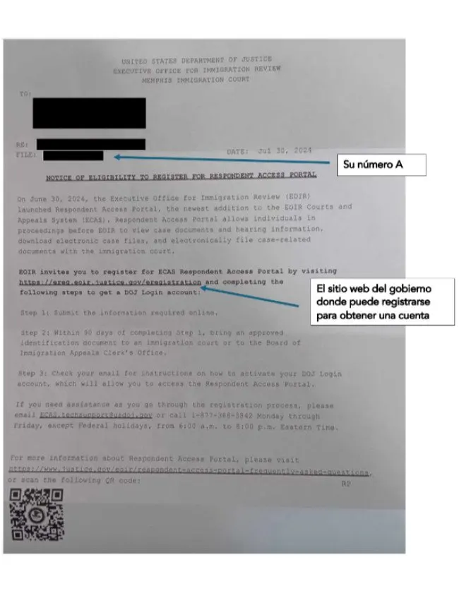Ejemplo del Aviso sobre el Portal para Comparecientes de la EOIR