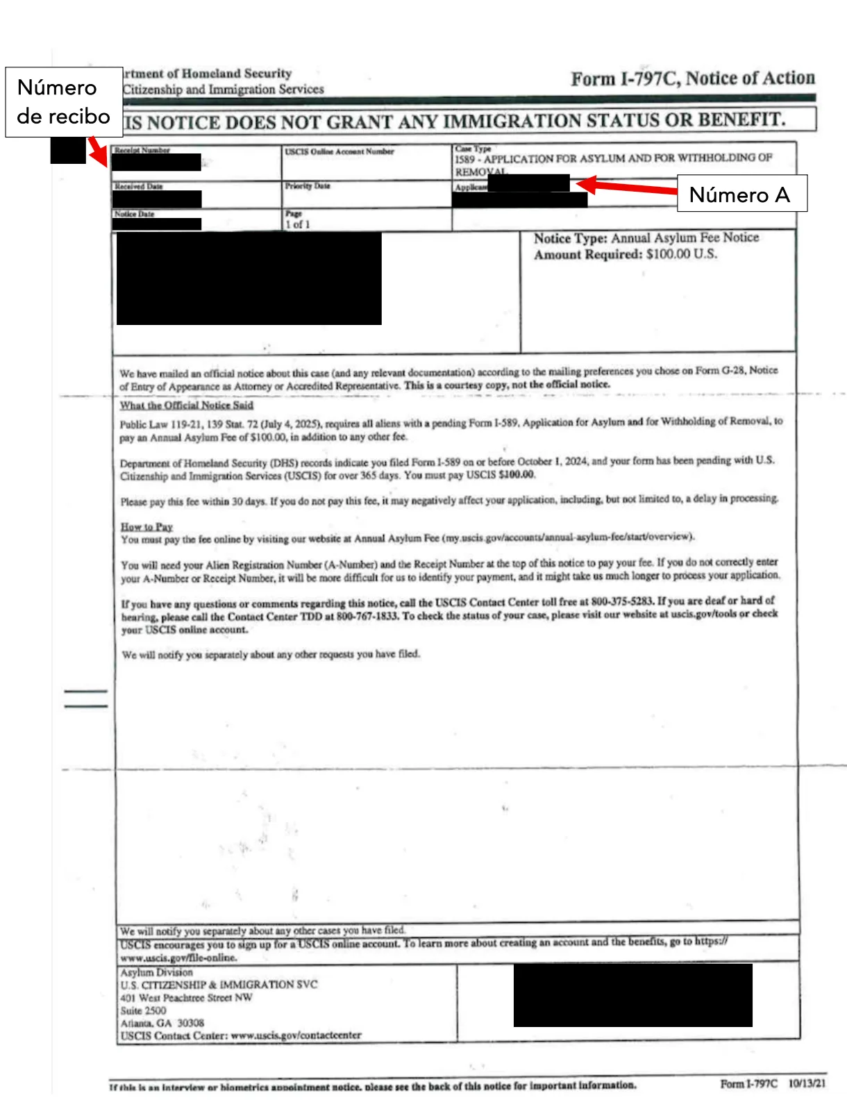 Aviso de tarifa anual de asilo de USCIS con número A y número de recibo. Dice que page la tarifa anual de asilo dentro de 30 días.