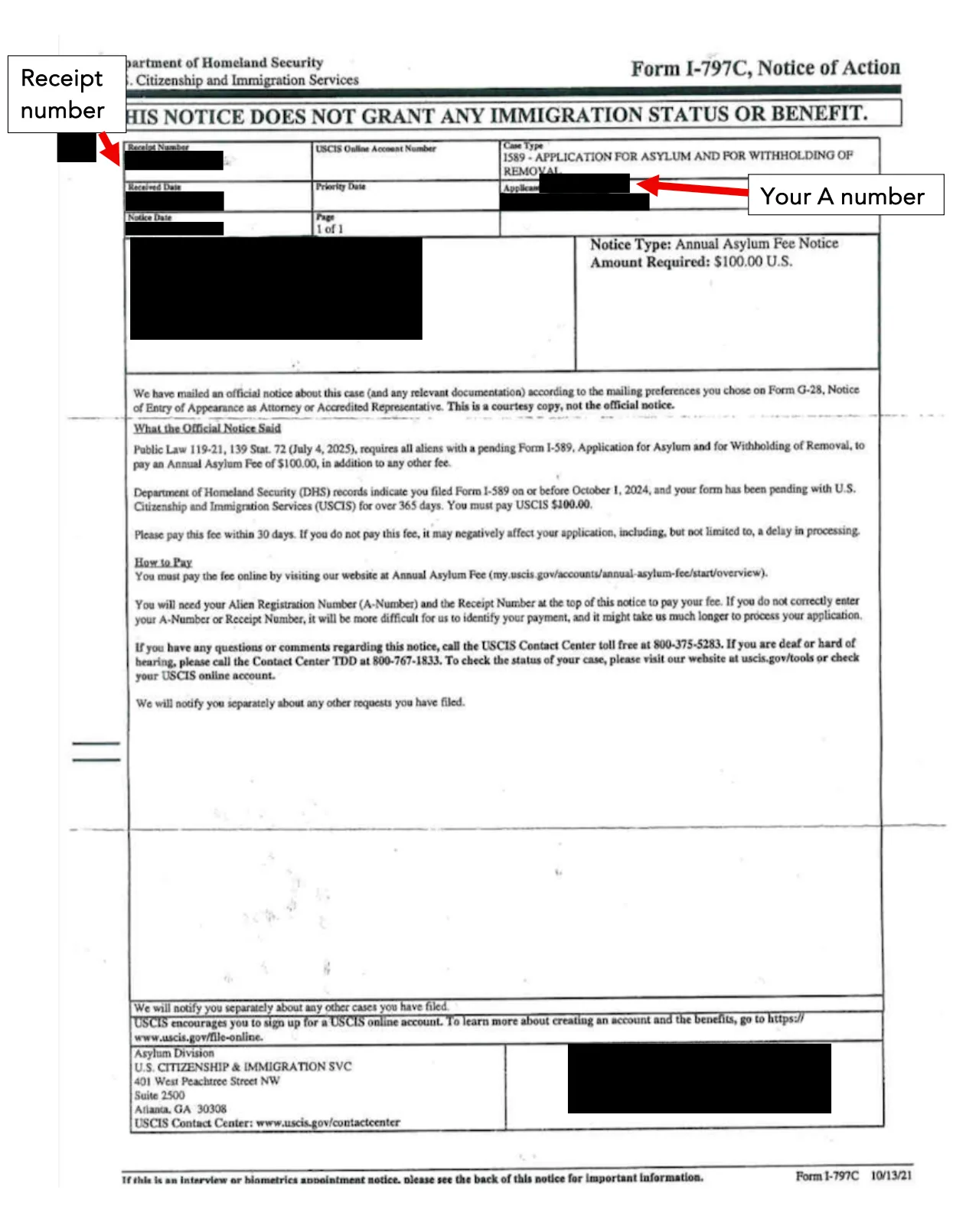 USCIS annual asylum fee notice with A number and receipt number. It says to pay an annual asylum fee within 30 days.