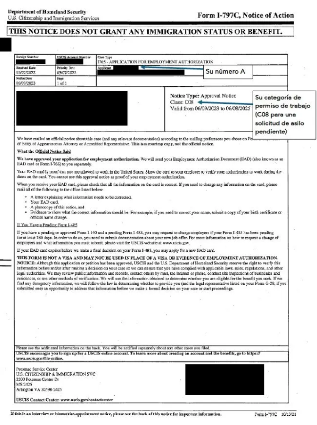 Aviso de Aprobación de la Solicitud para el Permiso de Trabajo