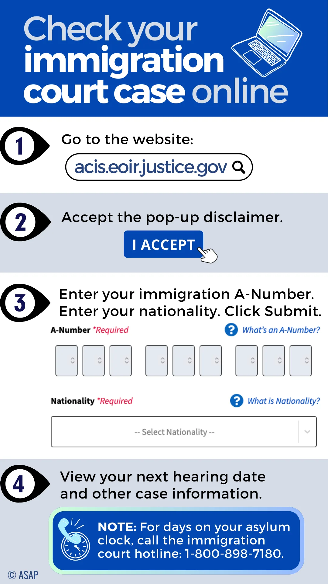 Instructions on checking your immigration court case online by going to the website acis.eoir.justice.gov and entering your A number and nationality.