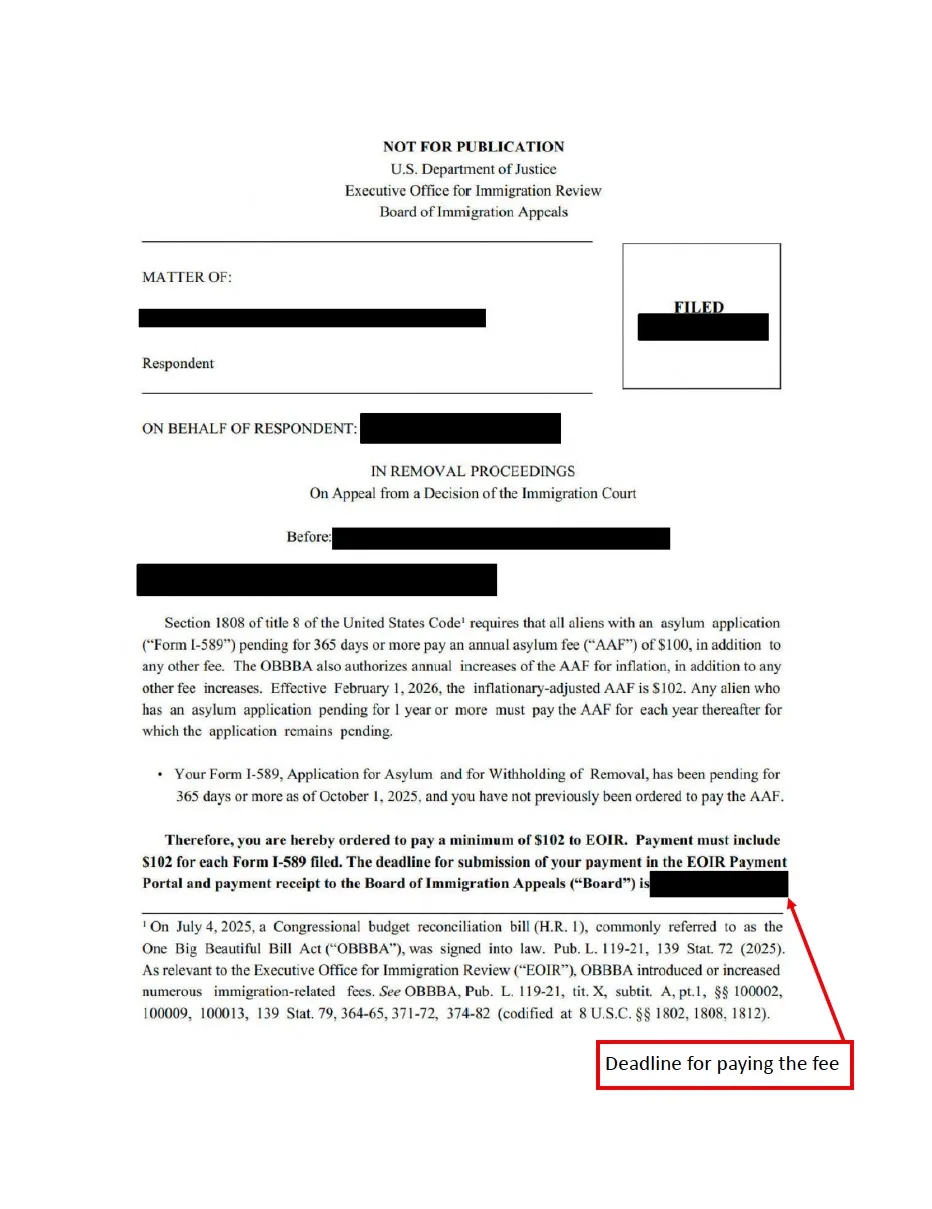 Order from the BIA to pay the annual asylum fee, with a deadline to pay the fee and send proof of payment.  