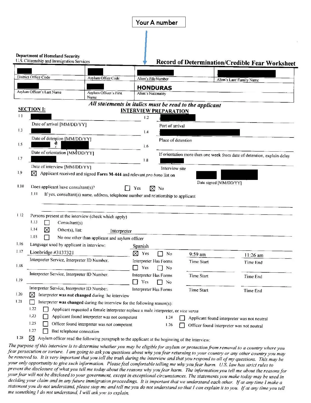 Sample Credible Fear Interview Worksheet