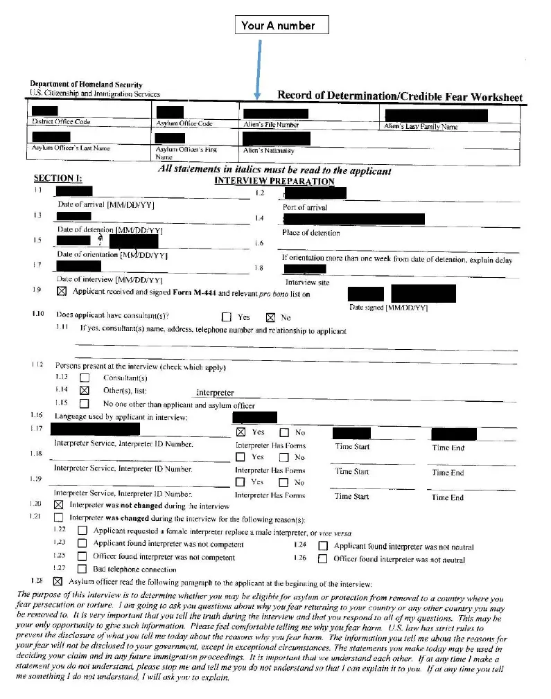 Sample Credible Fear Interview Worksheet