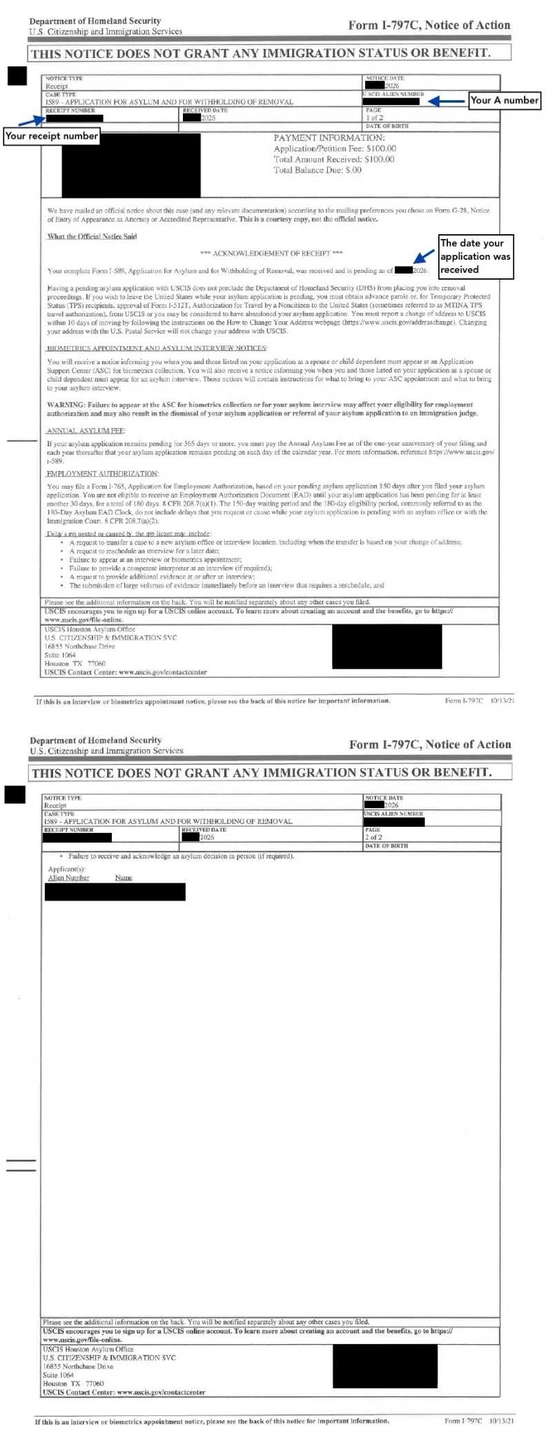USCIS asylum application receipt notice with A number, date received, and info on traveling, work permits, biometrics, and asylum interviews.