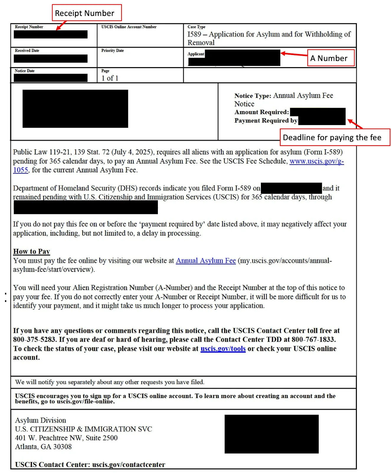 USCIS annual asylum fee notice with A number and receipt number. The notice includes the deadline for payment.