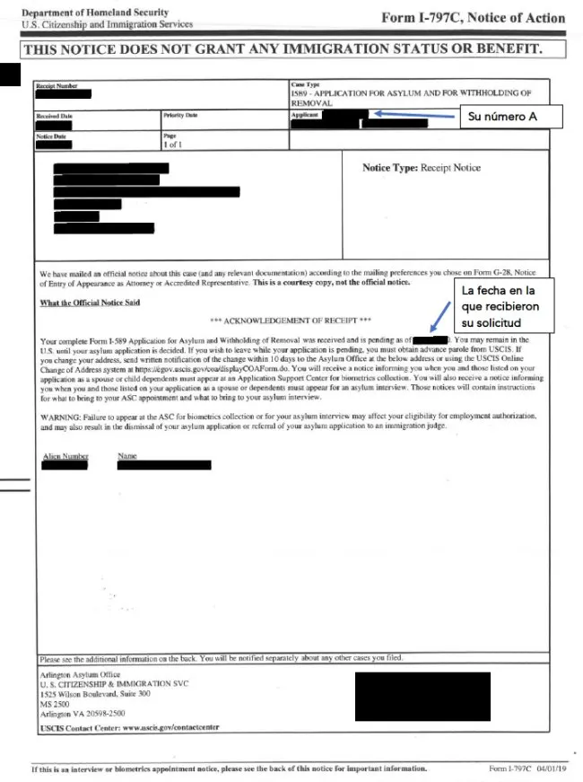 Ejemplo del Aviso de Recibo de la Solicitud para Asilo de USCIS
