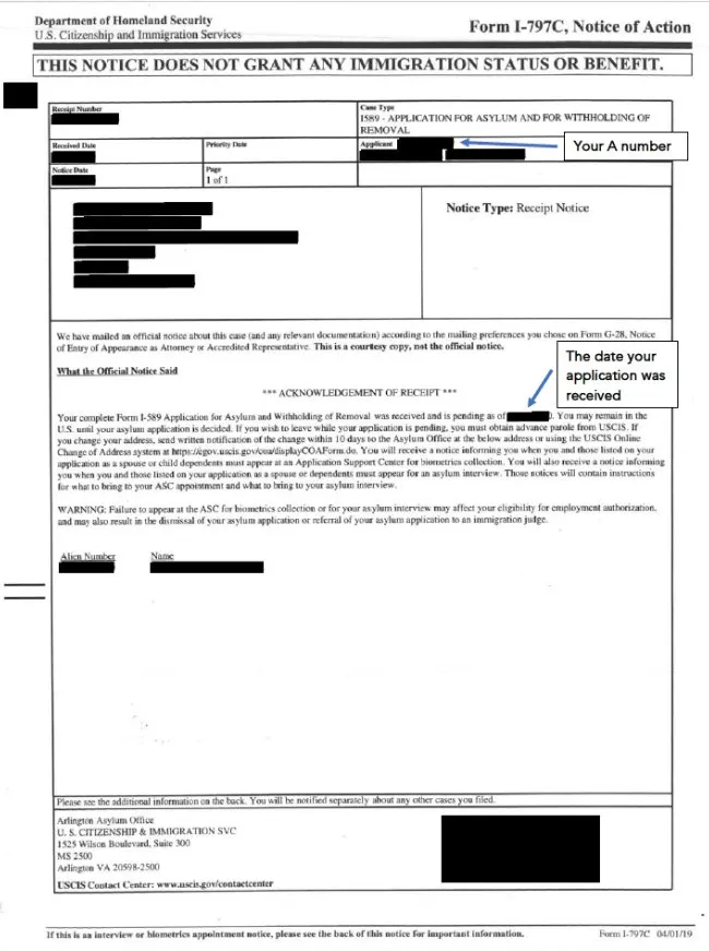 Sample USCIS Asylum Application Receipt Notice