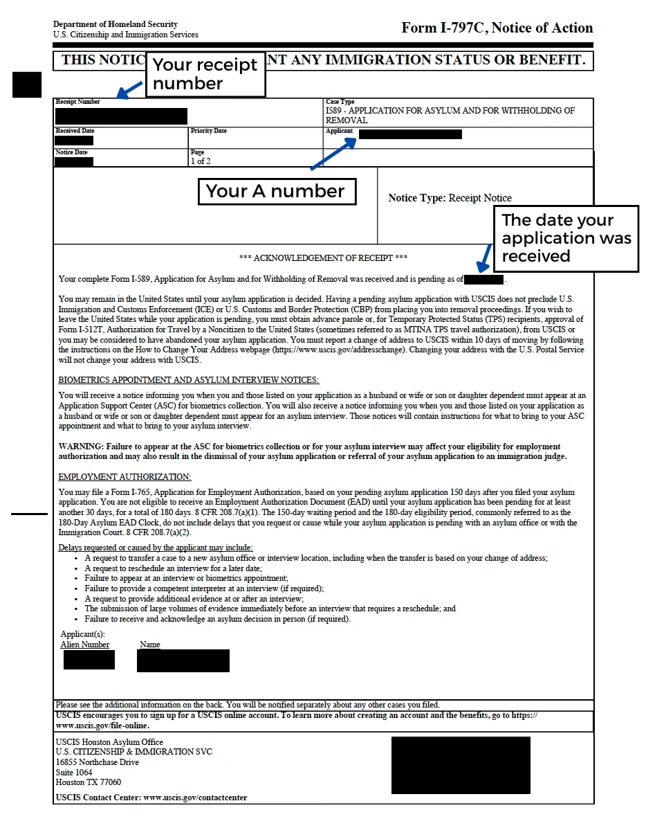 USCIS asylum application receipt notice with A number, date received, and info on traveling, work permits, biometrics, and asylum interviews