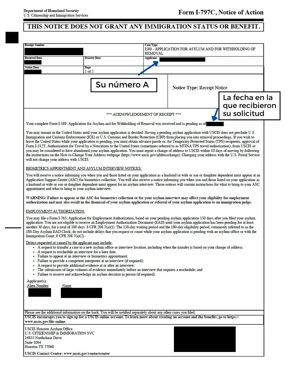Ejemplo del Aviso de Recibo de la Solicitud para Asilo de USCIS